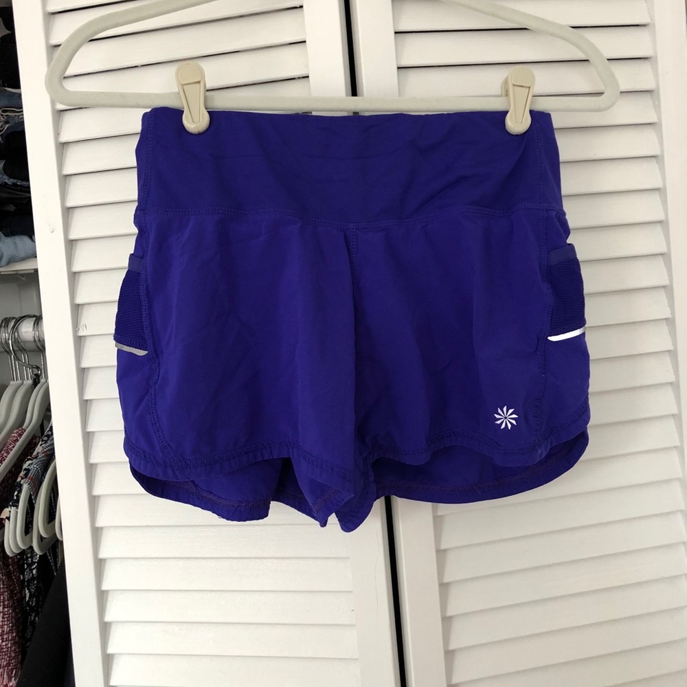 ATHLETA XS ROYAL PURPLE ATHLETIC SHORTS ZIP BACK